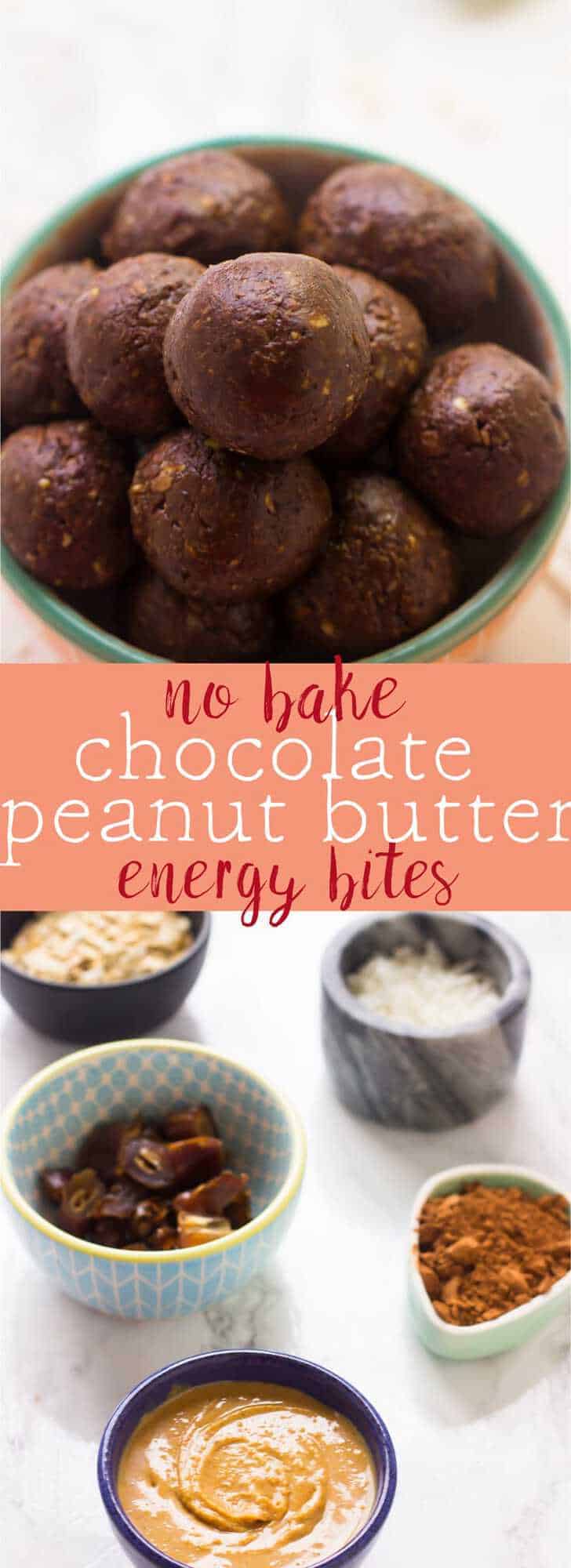 These No Bake Chocolate Peanut Butter Energy Bites are made with only 5 ingredients, vegan and gluten-free and are a perfect quick healthy breakfast or snack! via https://jessicainthekitchen.com