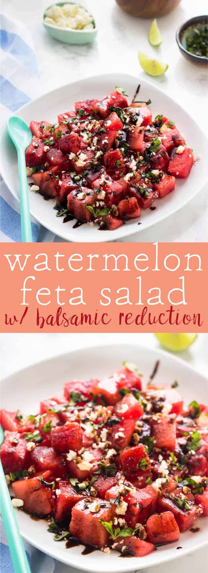 This Watermelon Feta Salad is fresh, juicy and drizzled with a delicious balsamic reduction. It's made in just 15 minutes! via https://jessicainthekitchen.com