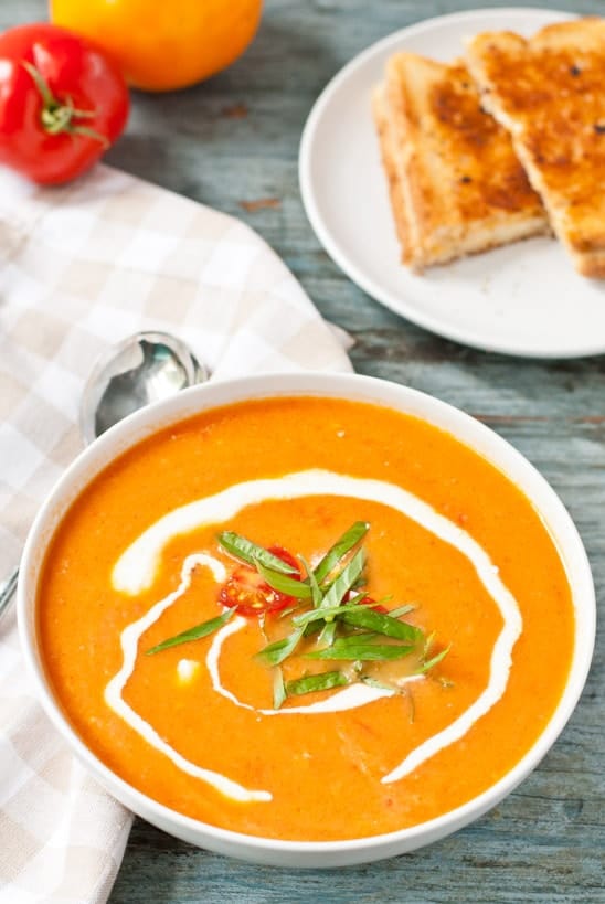 Tomato soup in a white bowl. 