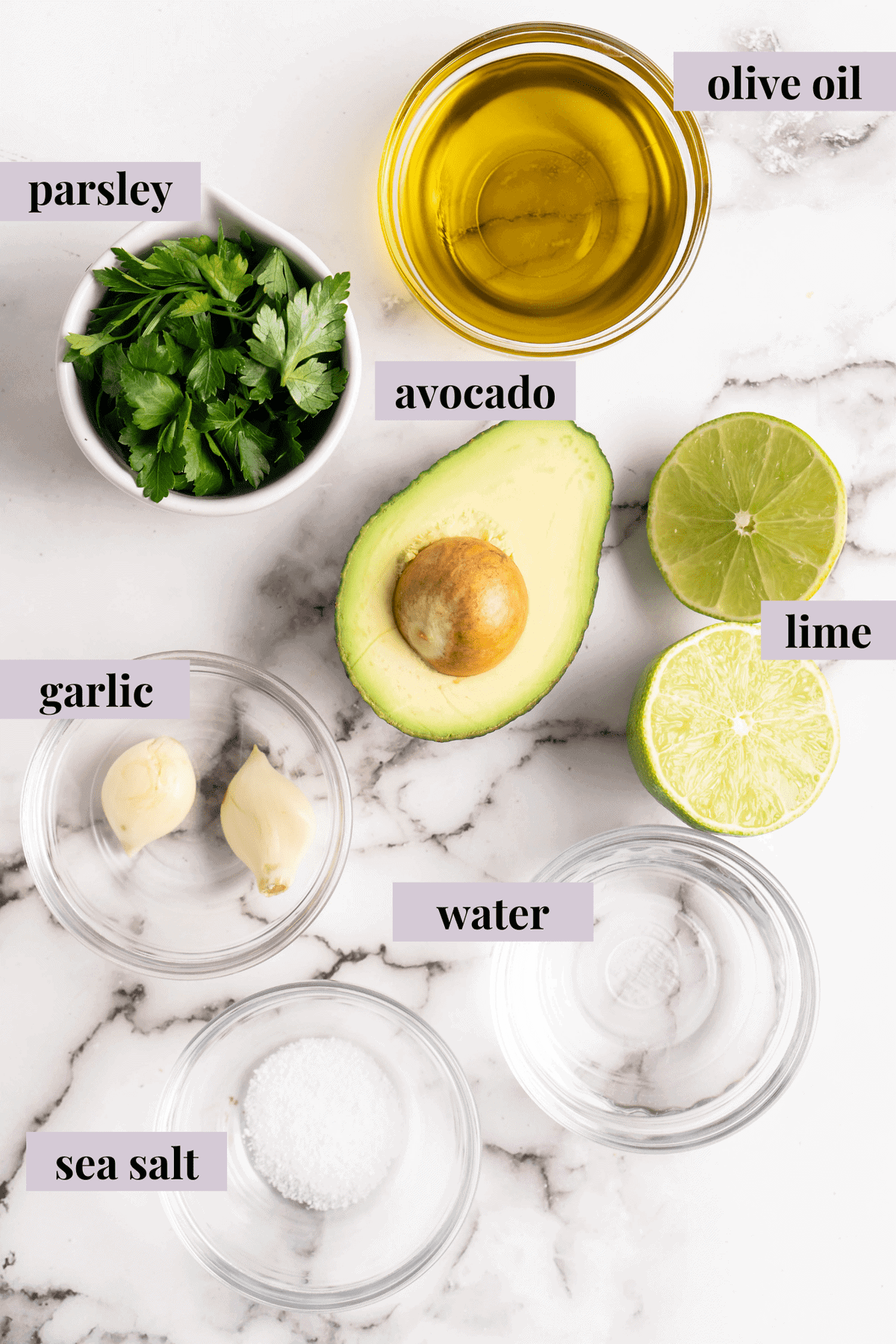Overhead view of avocado dressing ingredients