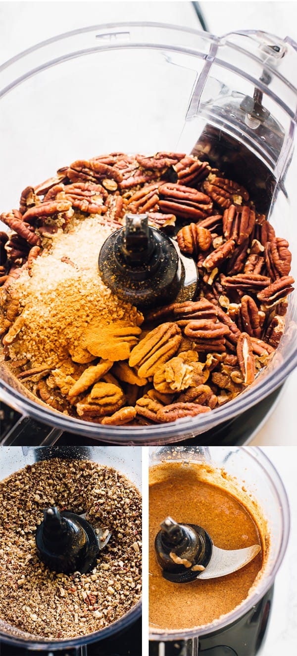 Overhead shot of pecans in a blender.