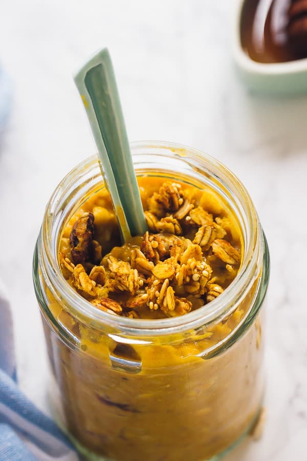 Close up of overnight oats in a glass jar. 