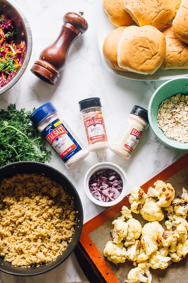 Top down shot of ingredients needed for vegan quinoa cauliflower burgers.