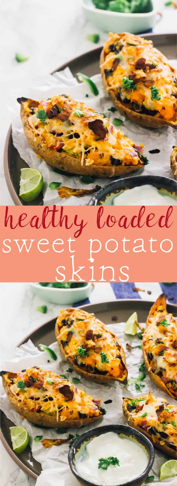 These Healthy Loaded Sweet Potato Skins are crispy, packed with 6g of protein, only 144 calories and still taste amazing! Guaranteed filling dinner or even party snack! via https://jessicainthekitchen.com