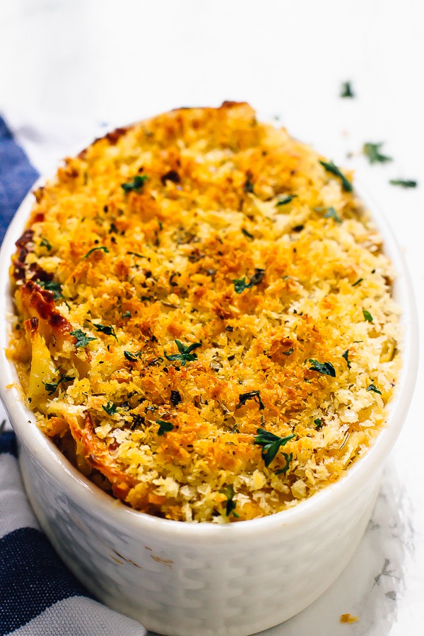 Top down shot of pumpkin mac and cheese.