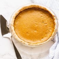 Overhead shot of pumpkin pie with gluten free crust.