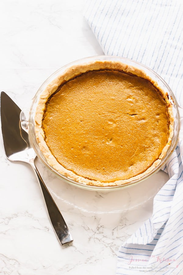 Overhead shot of pumpkin pie with gluten free crust.