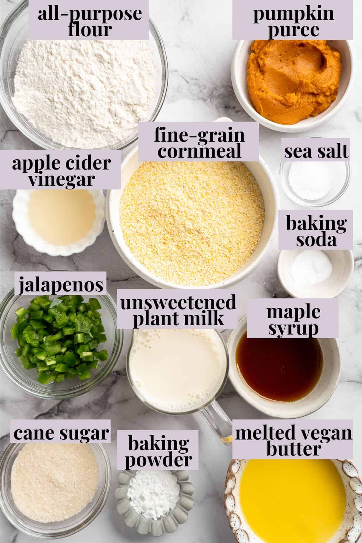 These moist vegan jalapeño cornbread muffins are easy to make and have a gluten-free option, which means everyone can enjoy them! Overhead view of ingredients for vegan cornbread muffins with labels.