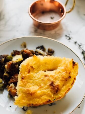 Overhead shot of a portion of vegan shepherd's pie.