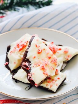 Pieces of chocolate bark on a white plate.