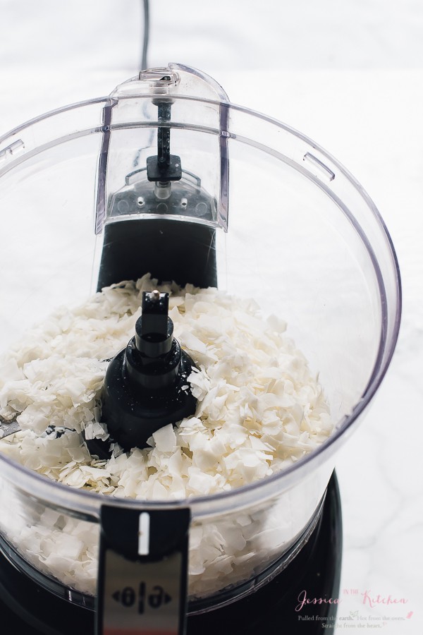 Coconut flakes in a blender. 
