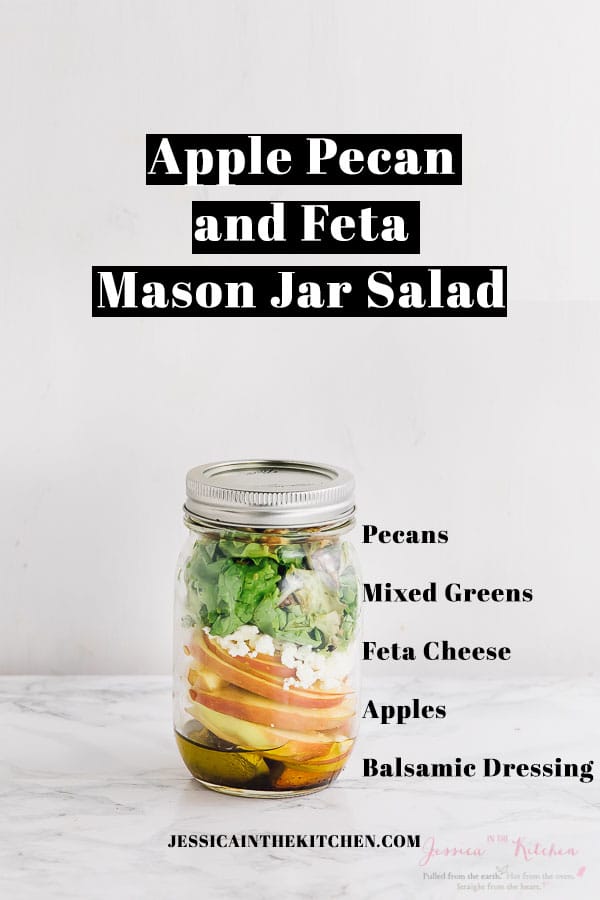 Apple pecan salad in a mason jar with text over it.