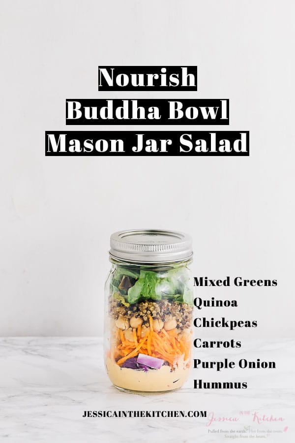 Salad in a mason jar with text over it. 