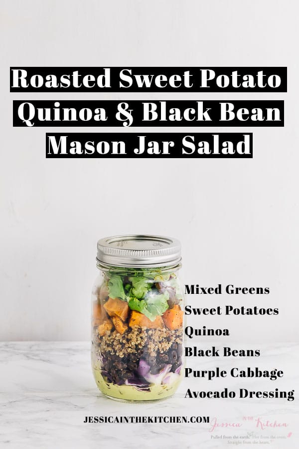 Black bean salad in a mason jar with text over it. 
