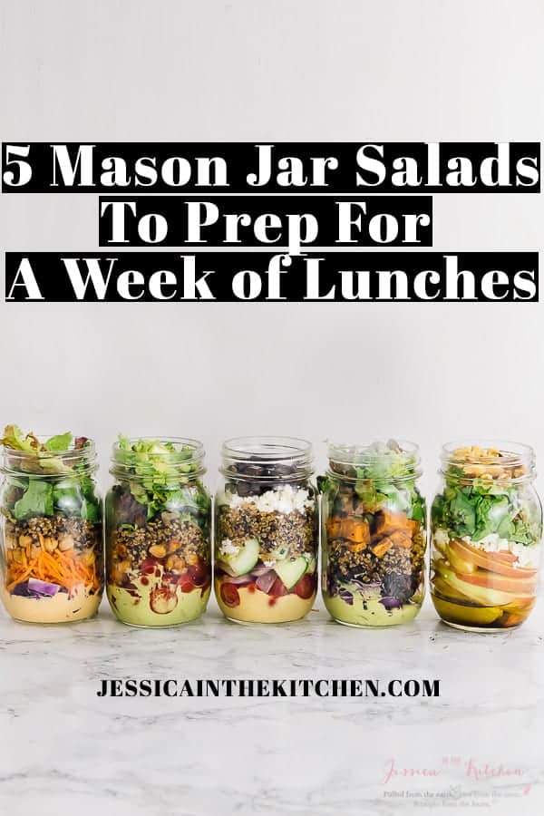 A row of mason jar salads on a table with text over it.