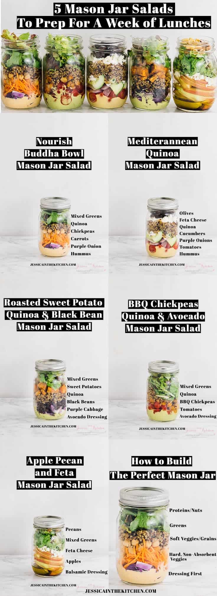 A montage of salad in mason jars with text. 