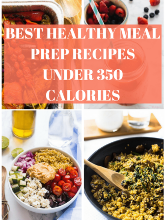 A collage of healthy meals with text over it