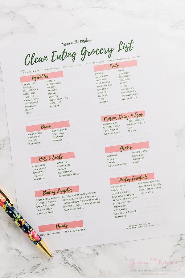 Top down shot of printed grocery list with a floral pen. 