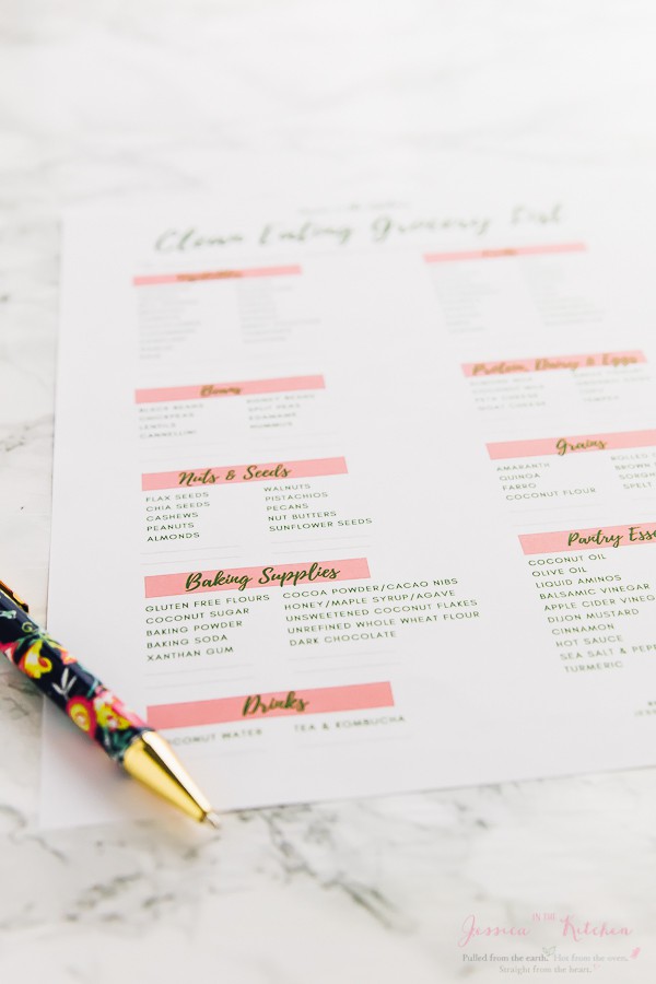 Close up of clean eating grocery list with a pen in the foreground. 