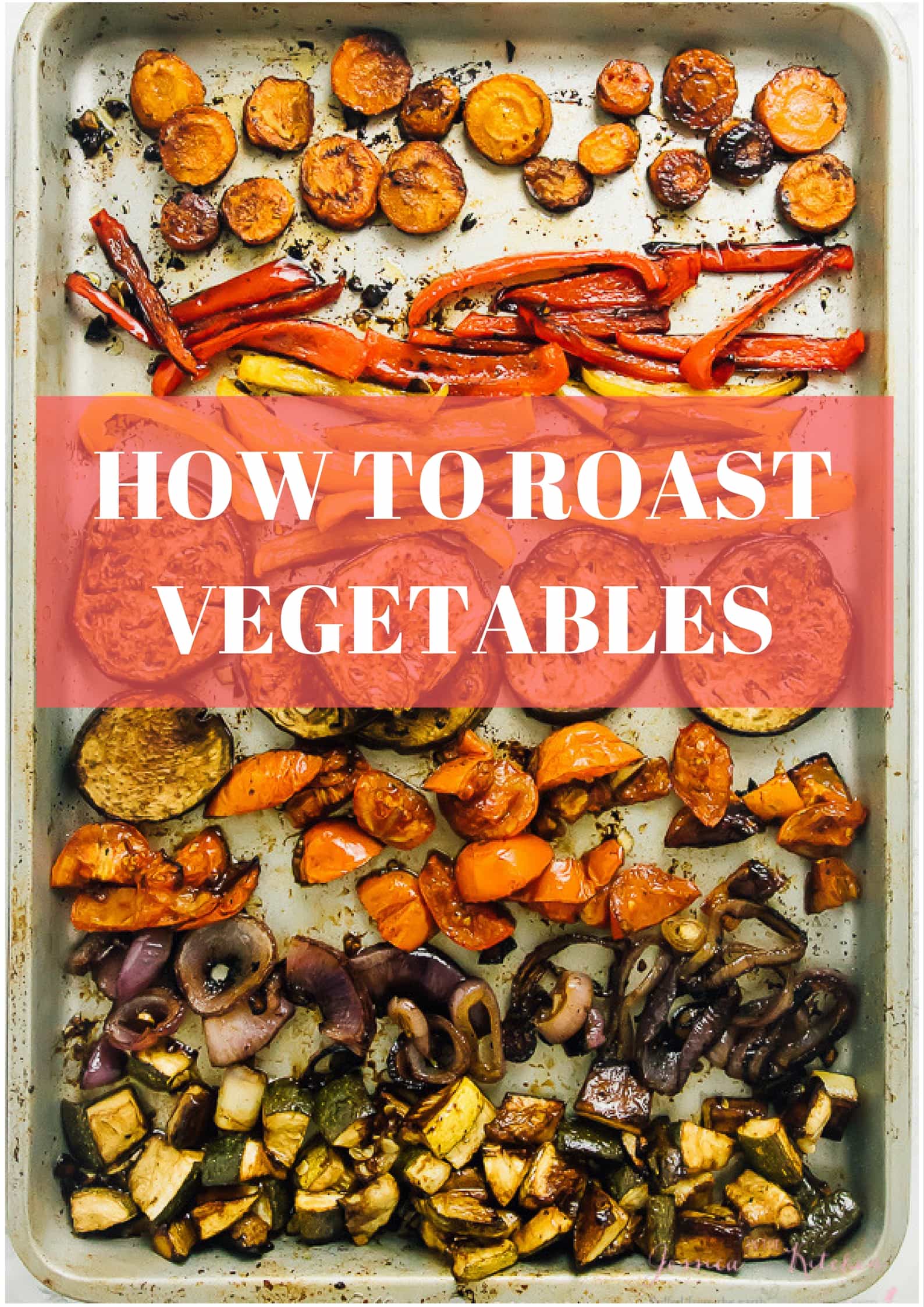 Roast vegetables on a baking sheet with text.