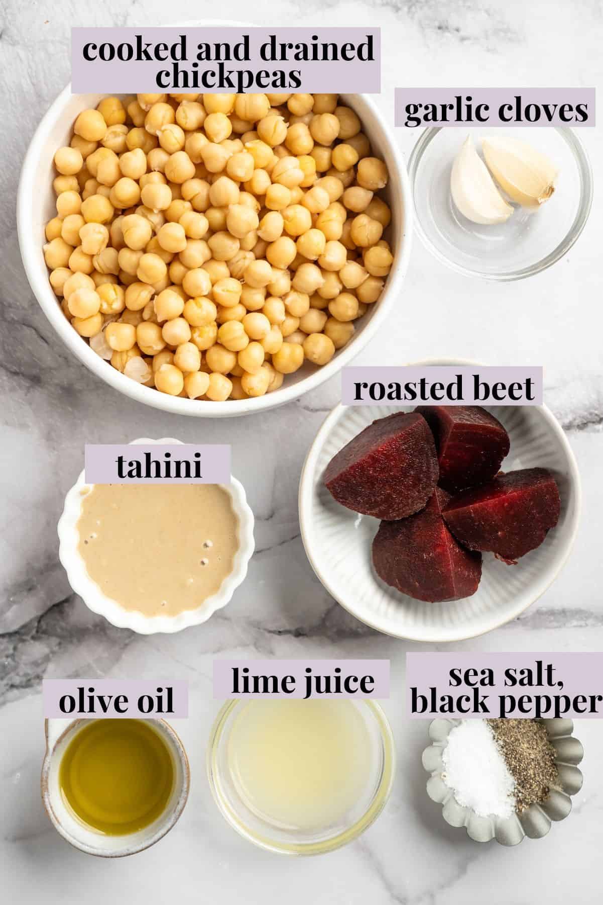Overhead view of ingredients for beet hummus