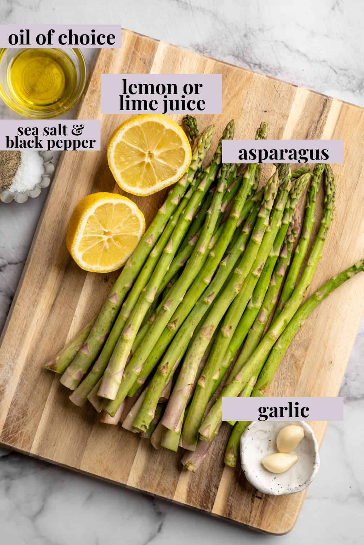 Ingredients for garlic roasted asparagus with labels.