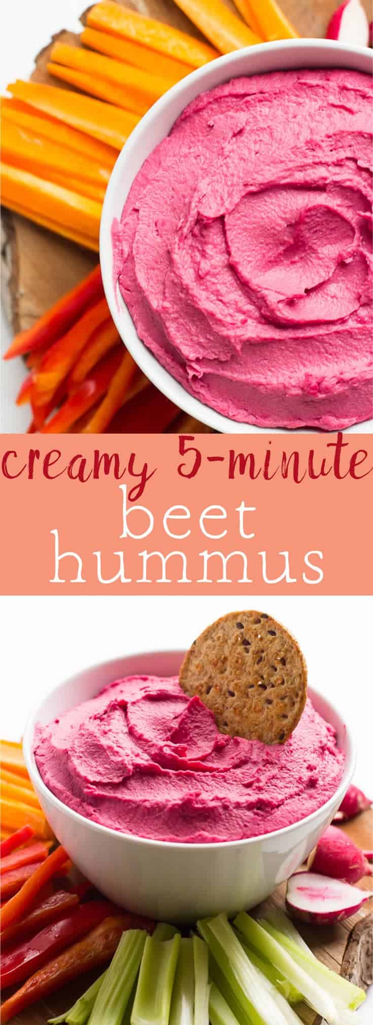 This Creamy 5 Minute Beet Hummus includes roasted beets which makes a creamy and velvet smooth and absolutely delicious unique hummus. It's great as a snack or dip, and is vegan and gluten free! via https://jessicainthekitchen.com