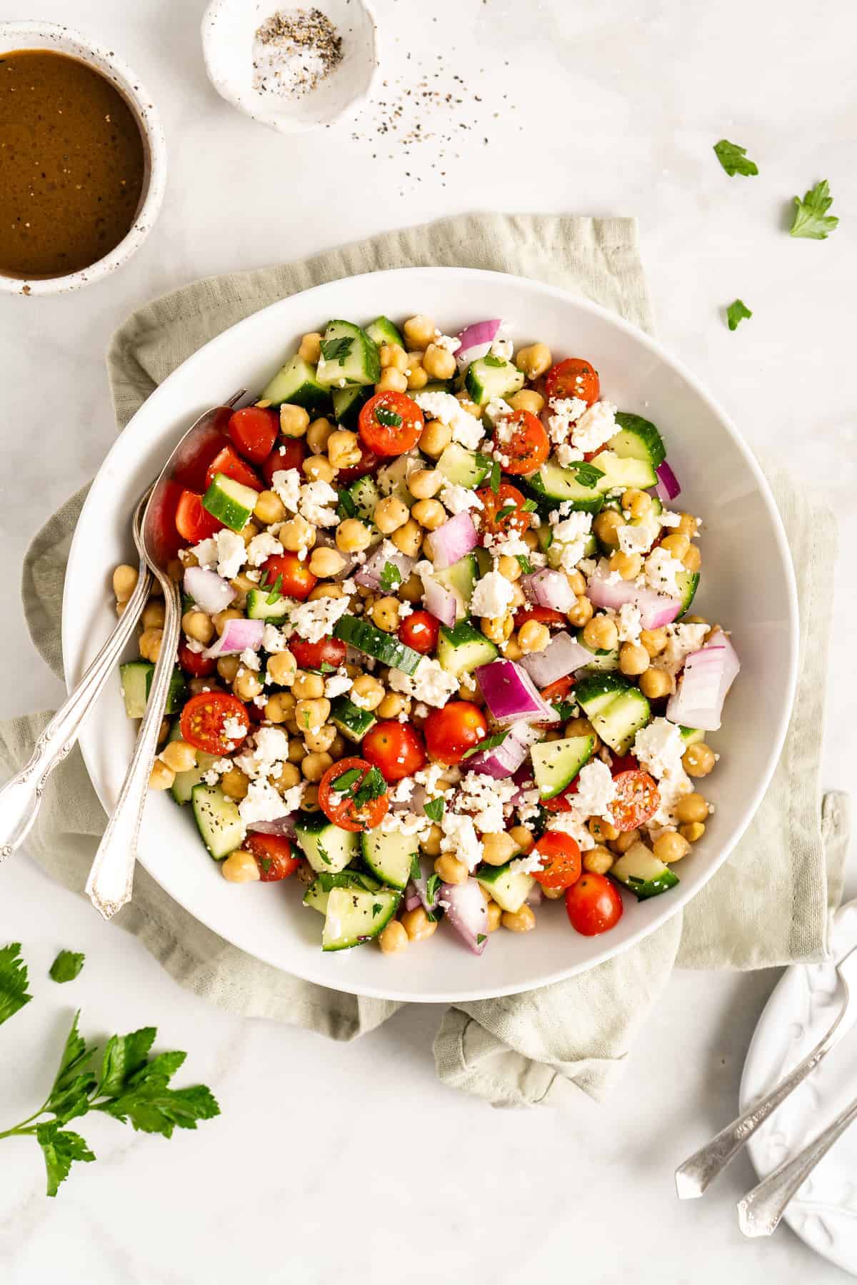 Mediterranean chickpea salad with balsamic vinaigrette.