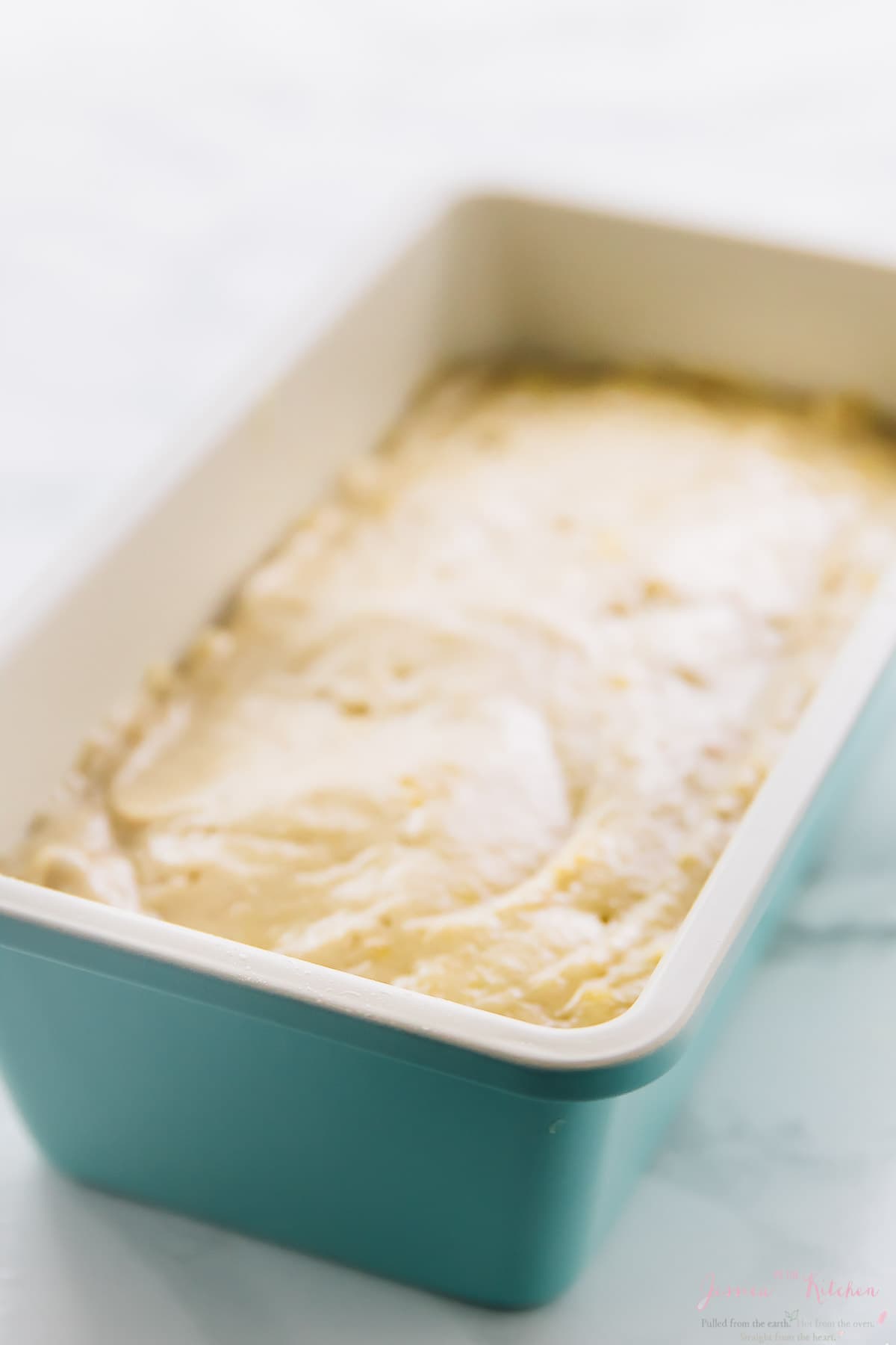 Vegan gluten-free banana bread batter in loaf pan