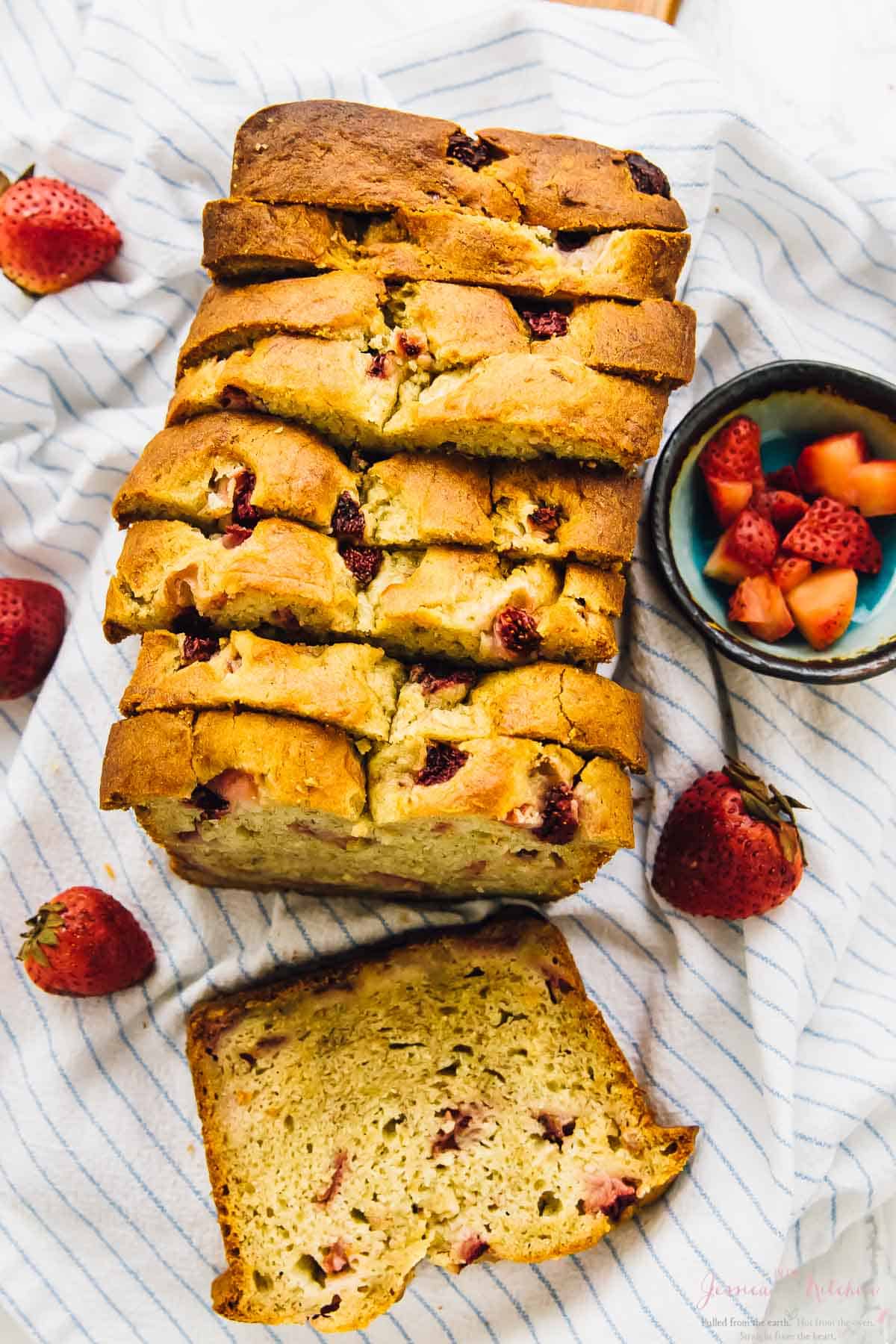 Overhead shot of sliced strawberry banana bread. 