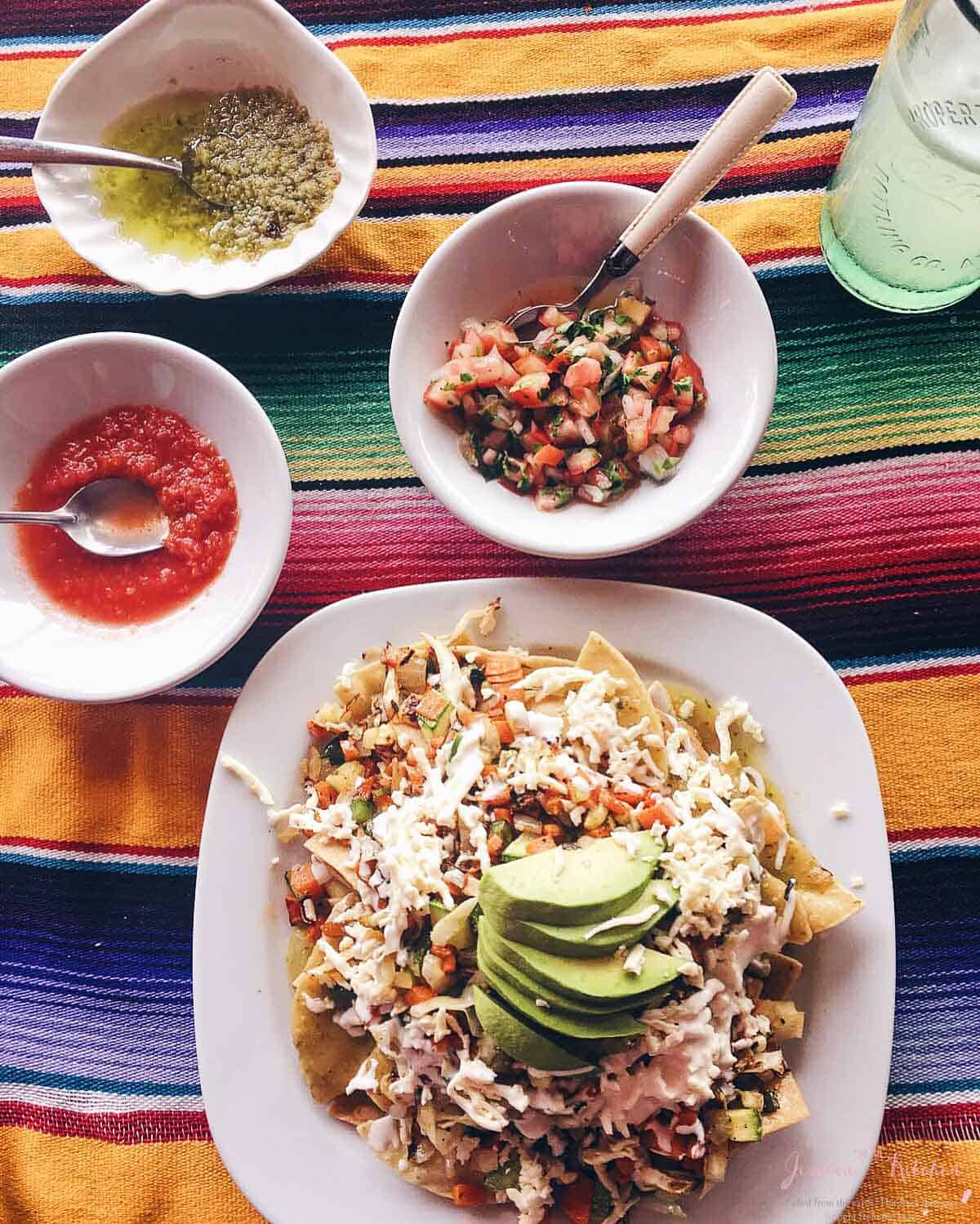 Overhead shot of cheese, tortillas and sliced avocado on a square plate. 