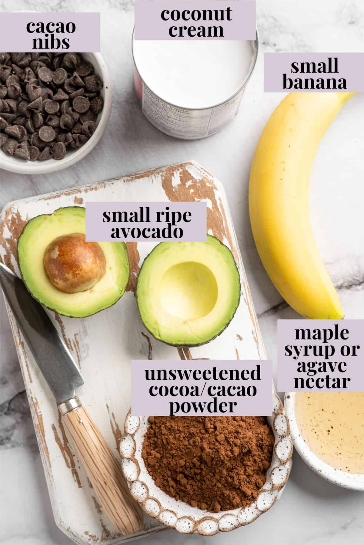 Overhead view of ingredients for chocolate avocado pudding.