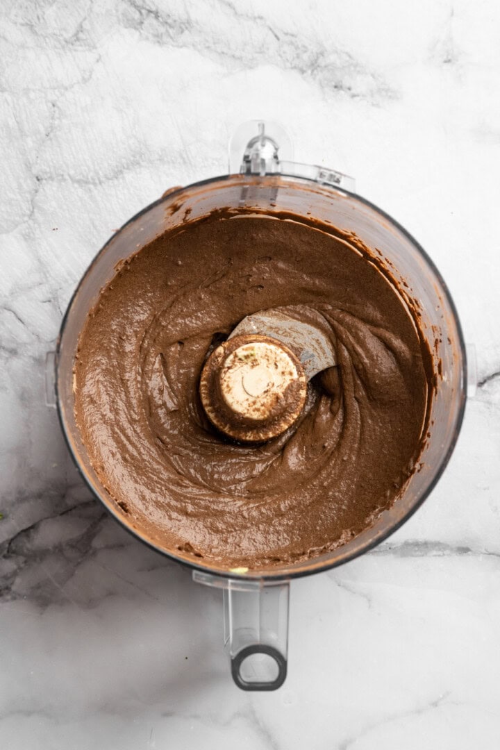 Chocolate avocado pudding in food processor bowl.