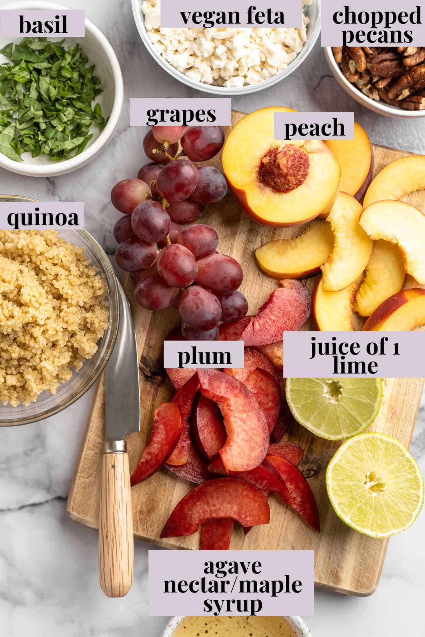Sweet, juicy summer fruit and fluffy quinoa come together in this beautiful quinoa stone fruit salad. It’s ready in just 20 minutes! Ingredients for quinoa stone fruit salad.