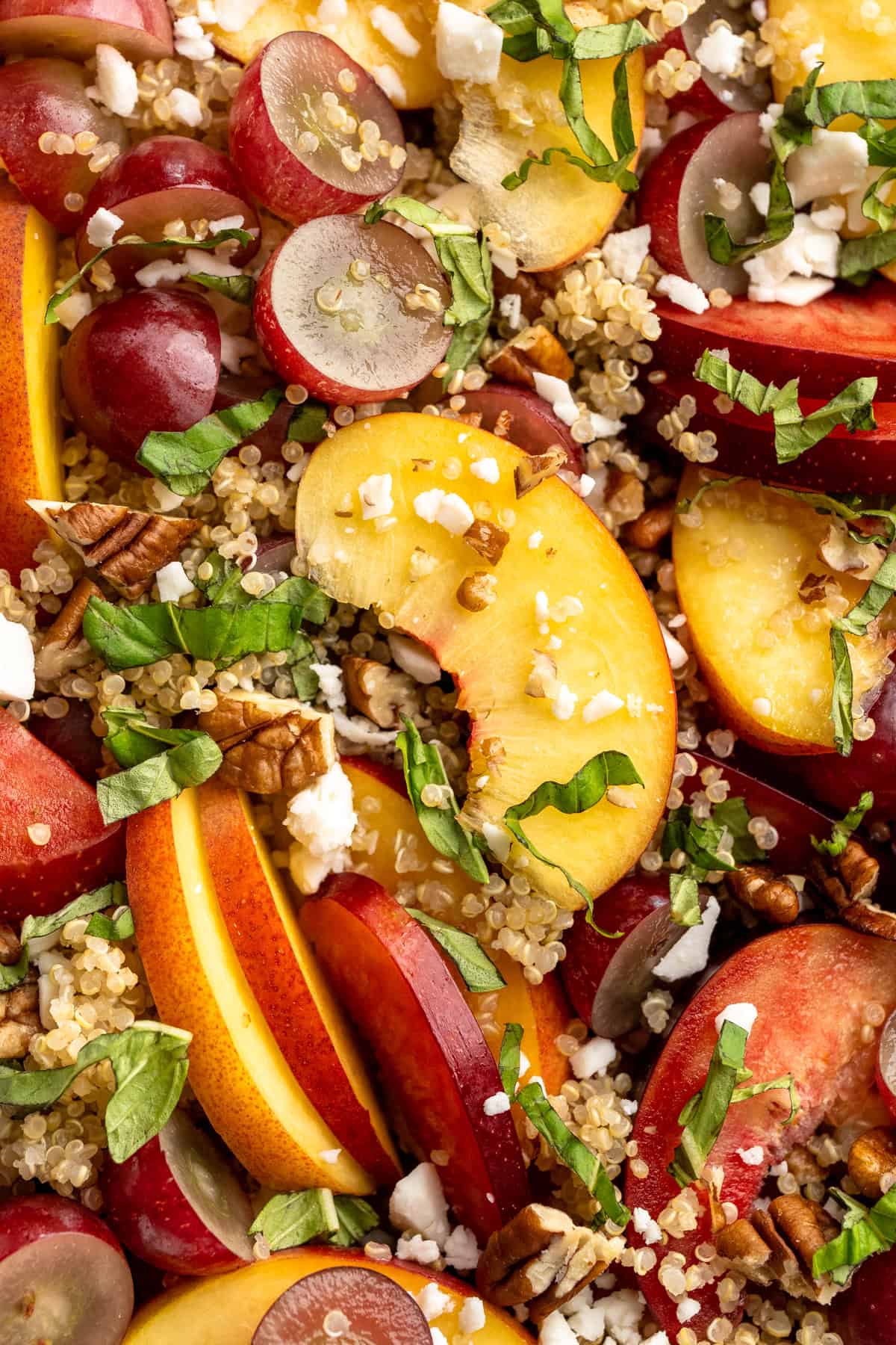 Sweet, juicy summer fruit and fluffy quinoa come together in this beautiful quinoa stone fruit salad. It’s ready in just 20 minutes! Quinoa stone fruit salad with fresh basil.