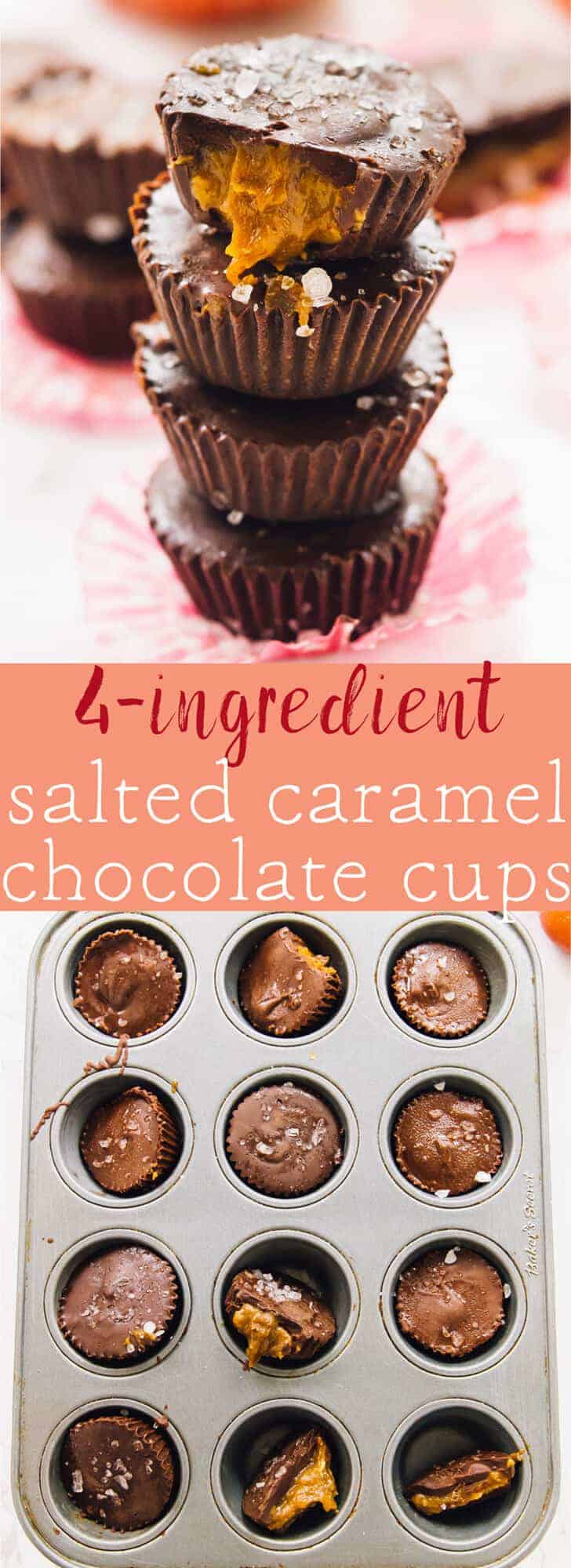 These 4-Ingredient Salted Caramel Chocolate Cups are a decadent holiday candy treat! They are incredibly easy to make, and are vegan, gluten free and no bake! via https://jessicainthekitchen.com