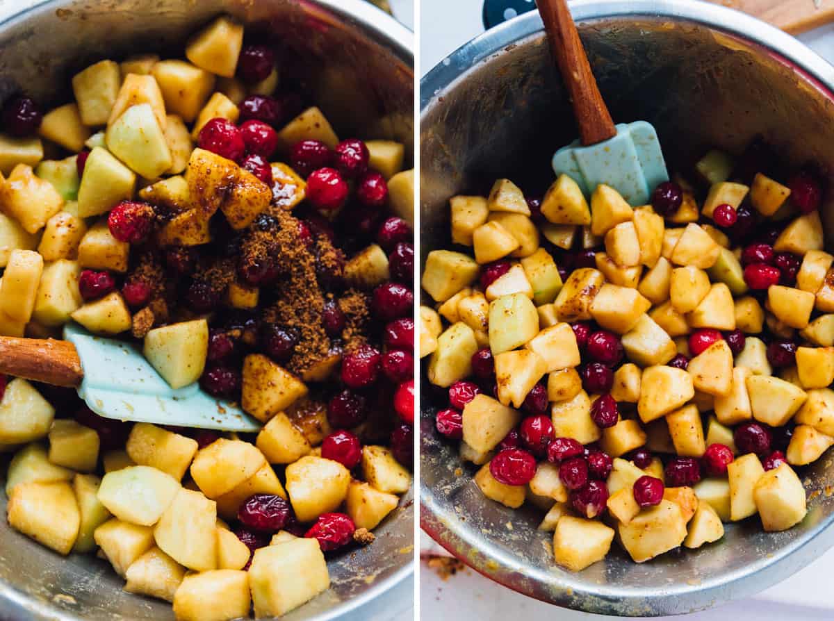 Cranberry and diced apples being mixed in a silver bowl. 