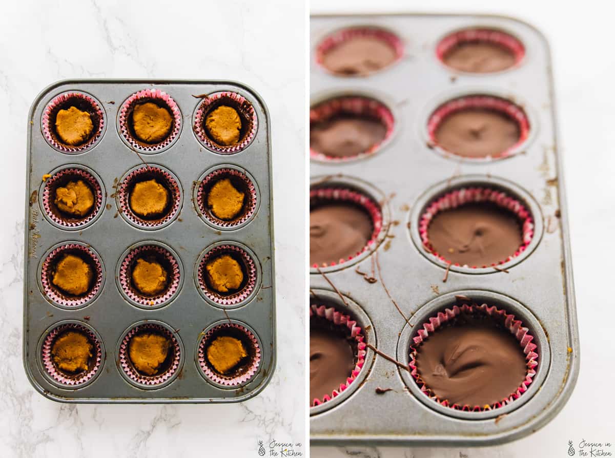 Pumpkin chocolate cups in a muffin tray. 