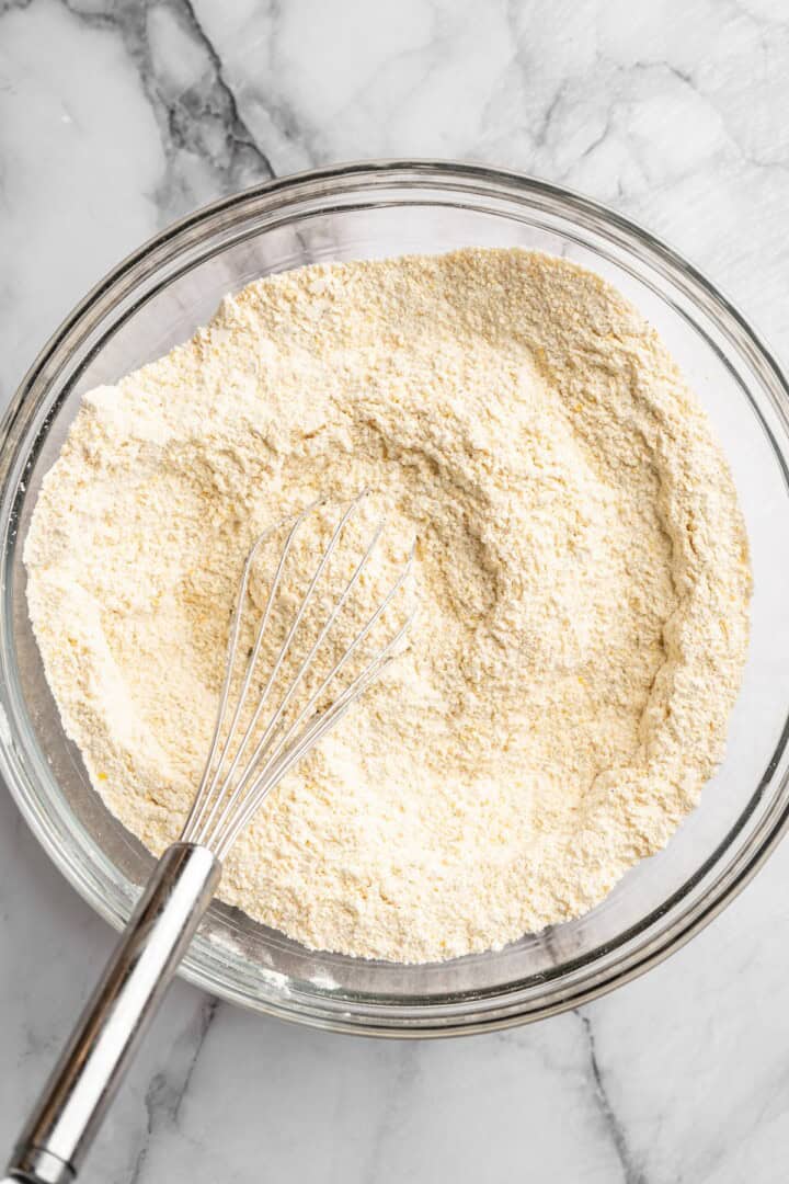 Dry ingredients in mixing bowl with whisk