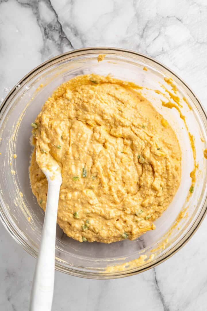 Batter for vegan pumpkin cornbread in bowl
