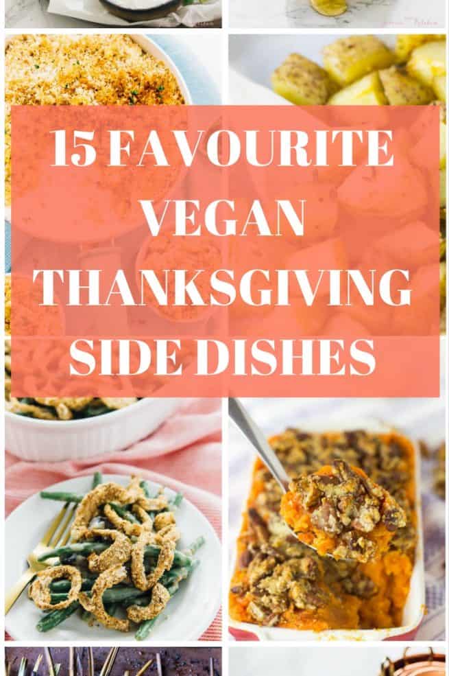 A montage of vegan thanksgiving dishes with text over it.