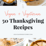 A montage of vegan thanskgiving dishes with text.