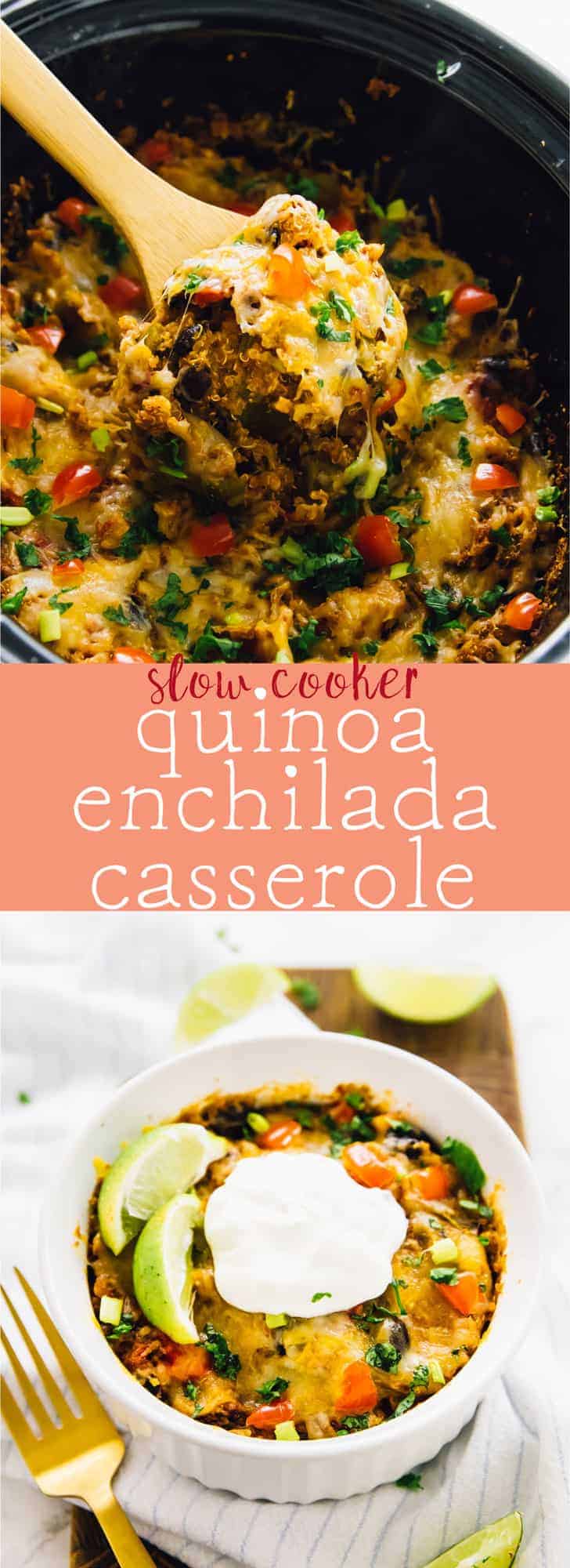 This healthy Slow Cooker Quinoa Enchilada Casserole takes only 15 minutes of prep, then add it all into the slow cooker! It's filling, serves lots of leftover and is bursting with flavour! via https://jessicainthekitchen.com