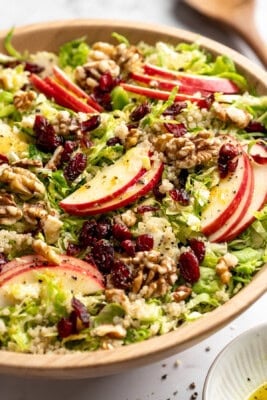 Shaved Brussels sprout salad with apples, walnuts, and cranberries in serving bowl.