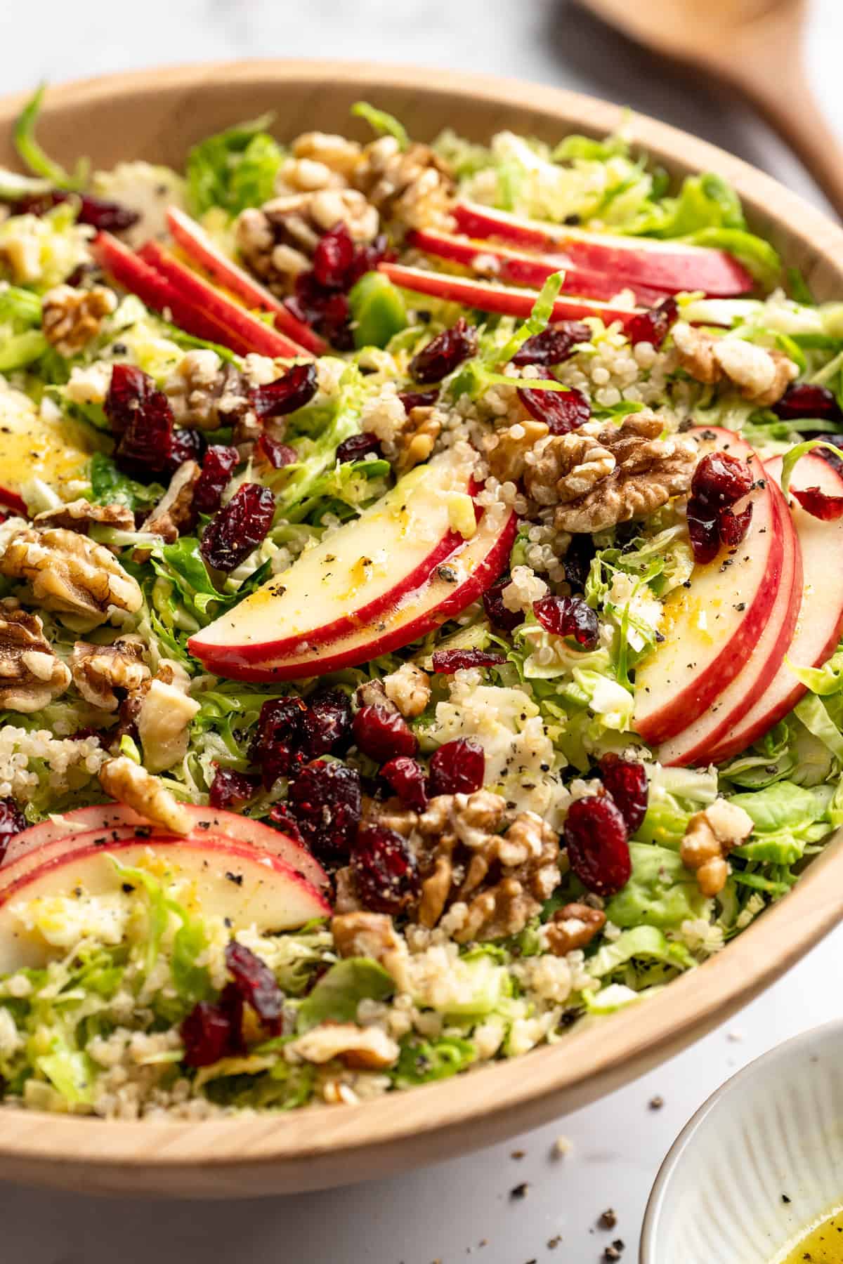 Shaved Brussels sprout salad with apples, walnuts, and cranberries in serving bowl.