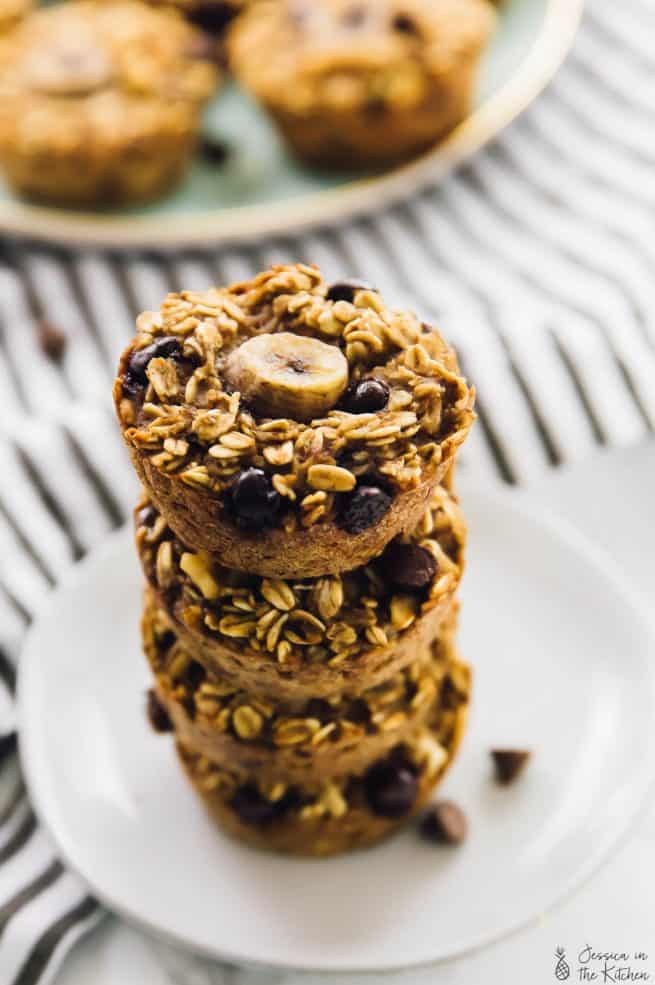 A stack of baked banana bread oatmeal cups.