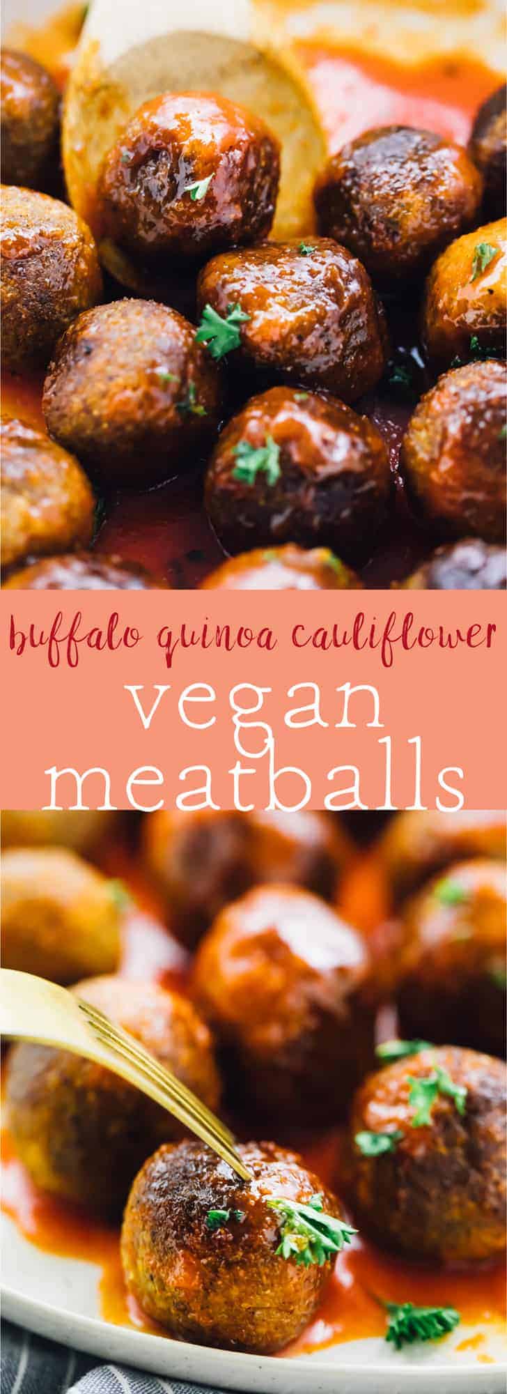 These Buffalo Quinoa Cauliflower Vegan Meatballs will be a HIT at your next party! They are incredibly easy to make, coated in buffalo sauce and so meal preppable! via https://jessicainthekitchen.com