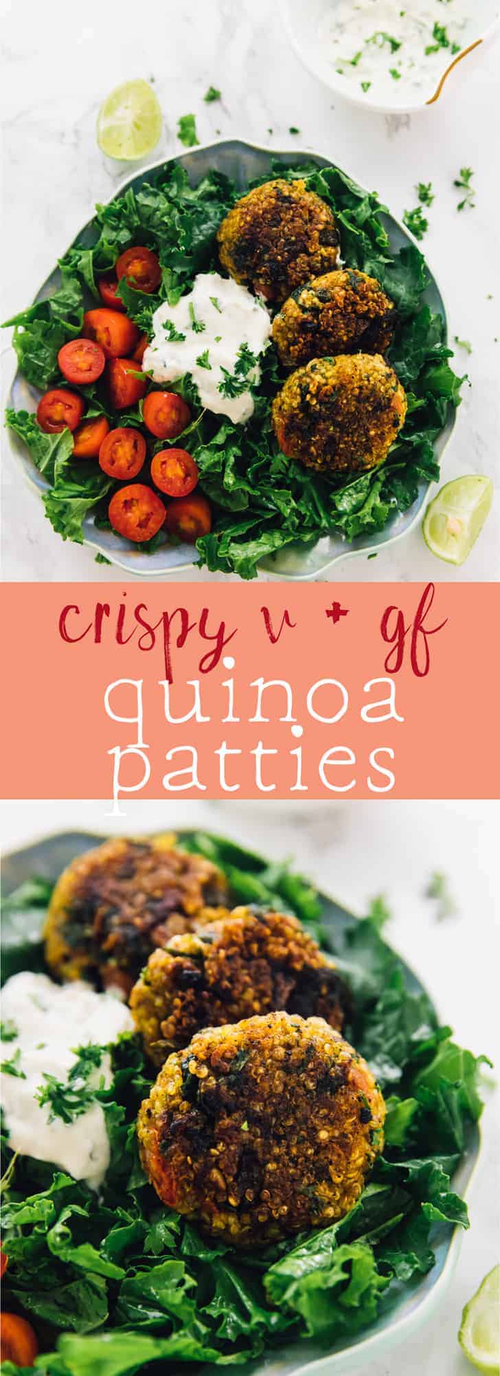These Crispy Quinoa Patties are so great for meal prep! They are made with spinach and tomatoes, are vegan and gluten free, and are served with a divine vegan yogurt tahini sauce! via https://jessicainthekitchen.com