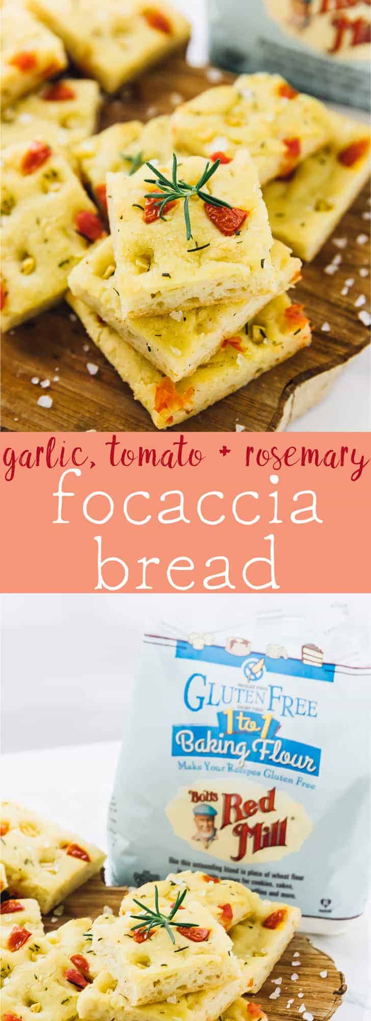 This Gluten Free Focaccia Bread has the perfect texture and taste! It's flavour is made even better with roasted garlic, rosemary and tomatoes! Great for easy bread making, to go with soups and to make sandwiches!! via https://jessicainthekitchen.com