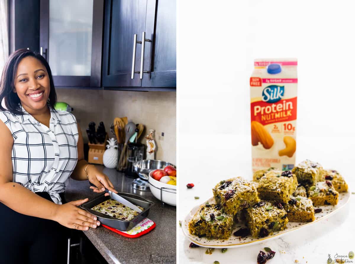 Jessica in her kitchen cutting some breakfast bars.